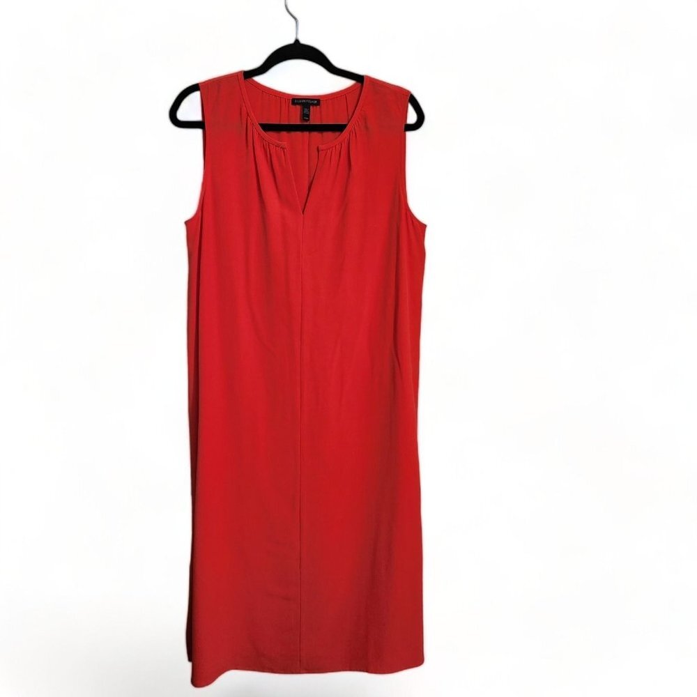 Eileen Fisher Midi Dress Sz M Tencel Lyocel Knit Jersey sleeveless V neck Orange